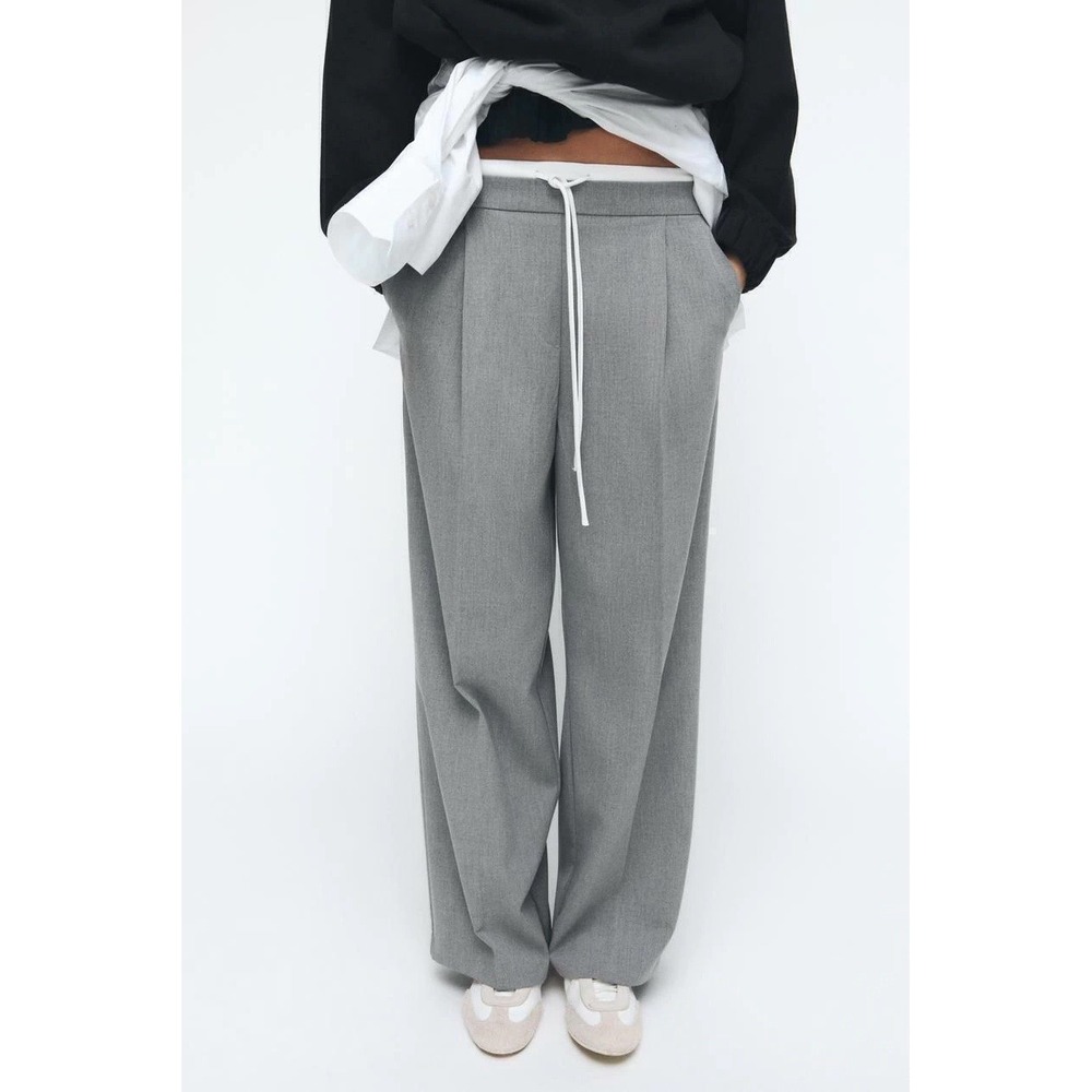 ZARA Trouser Wide Leg Pants Double Elastic Waist Drawstring Gray L Tailored - Picture 2 of 8